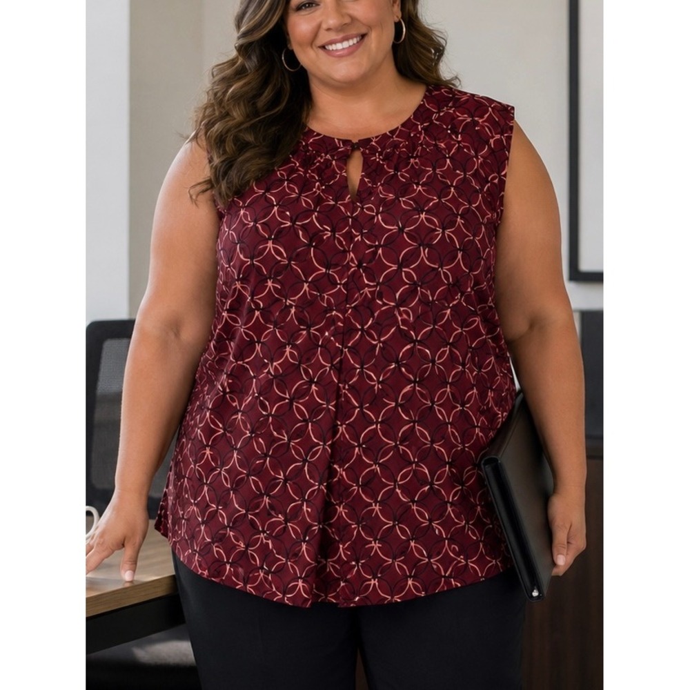 Ryan Wythe Womens Blouse Burgundy Plus 3X Geometric Print Office Work